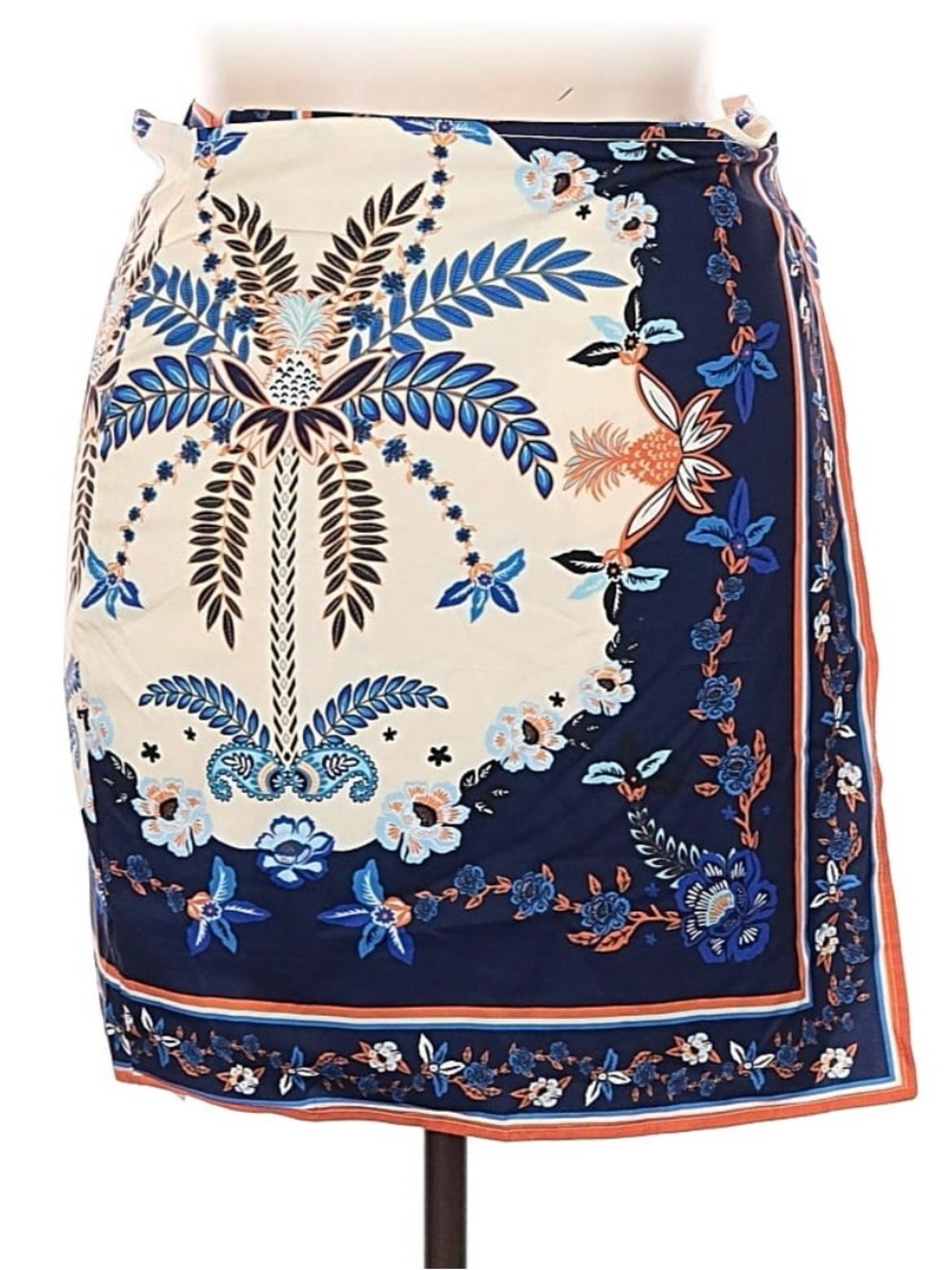 Navy & Cream Tropical Print Silk-Look Wrap Skirt